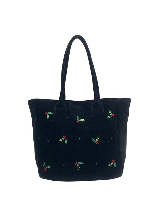 Unbranded Handbags - Black Velvet Holly Berry Pattern Tote Bag